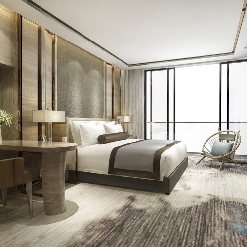 3d rendering luxury classic modern bedroom suite in hotel